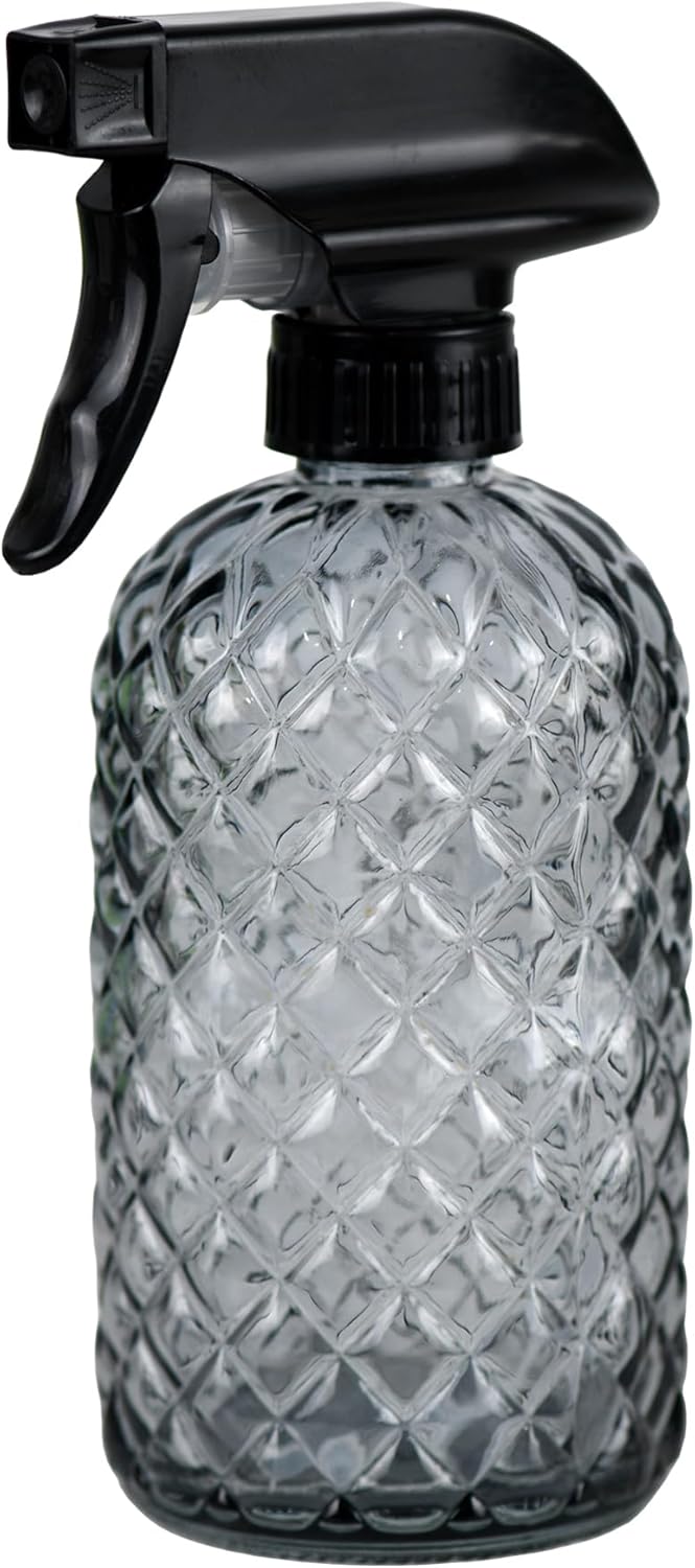 12Oz Glass Plant Spray Bottle, Gem Pattern Glass Sprayer, Watering Can with Black Plastic Top Pump, Handheld Watering Can for Indoor Outdoor Potted Plants and Greenery (Grey)