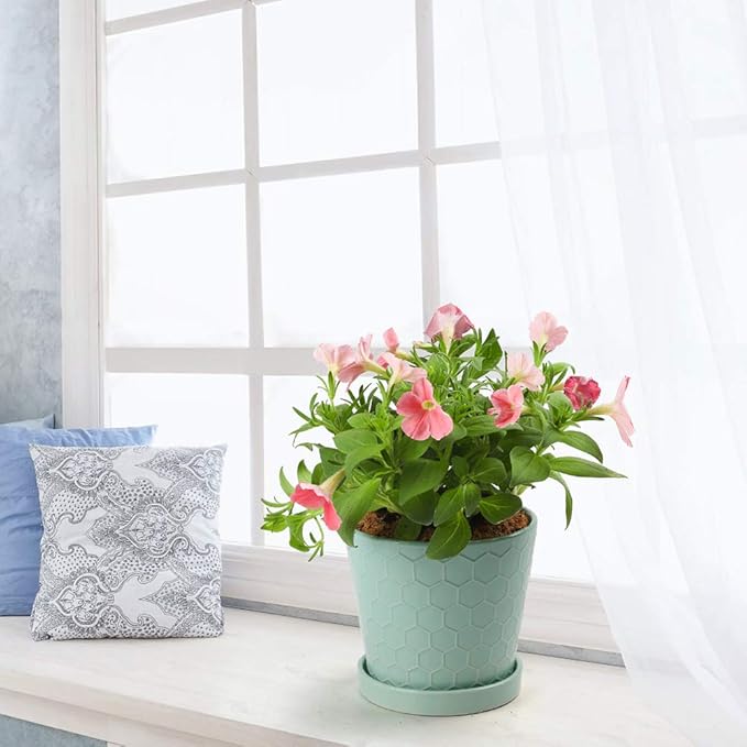 Plant Pots Indoor –5 in Ceramic Flower Pot with Drainage Hole and Ceramic Tray - Gardening Home Desktop Office Windowsill Decoration Gift, Set of 4 - Plants Not Included(Mint Green)