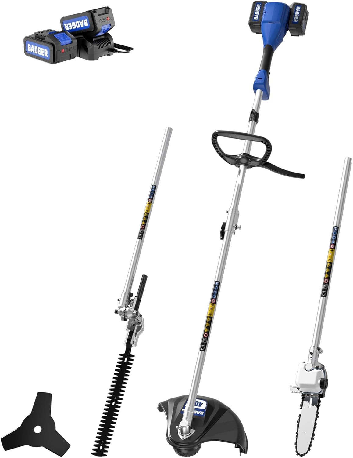 WILD BADGER POWER 40V Cordless Weed Wacker, String Trimmer/Edger, Pole Saw, Hedge Trimmer and Brush Cutter Blade, Attachment Capable 4-in-1 Multi-Tool Kit with 2 * 20V 4Ah Battery and 1*Charger
