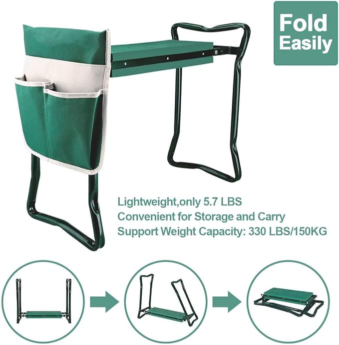 Garden Kneeler and Seat Stool Heavy Duty Garden Folding Bench with Large RemovableTool Pocket Gloves and Soft EVA Kneeling Pad for Gardening Lovers
