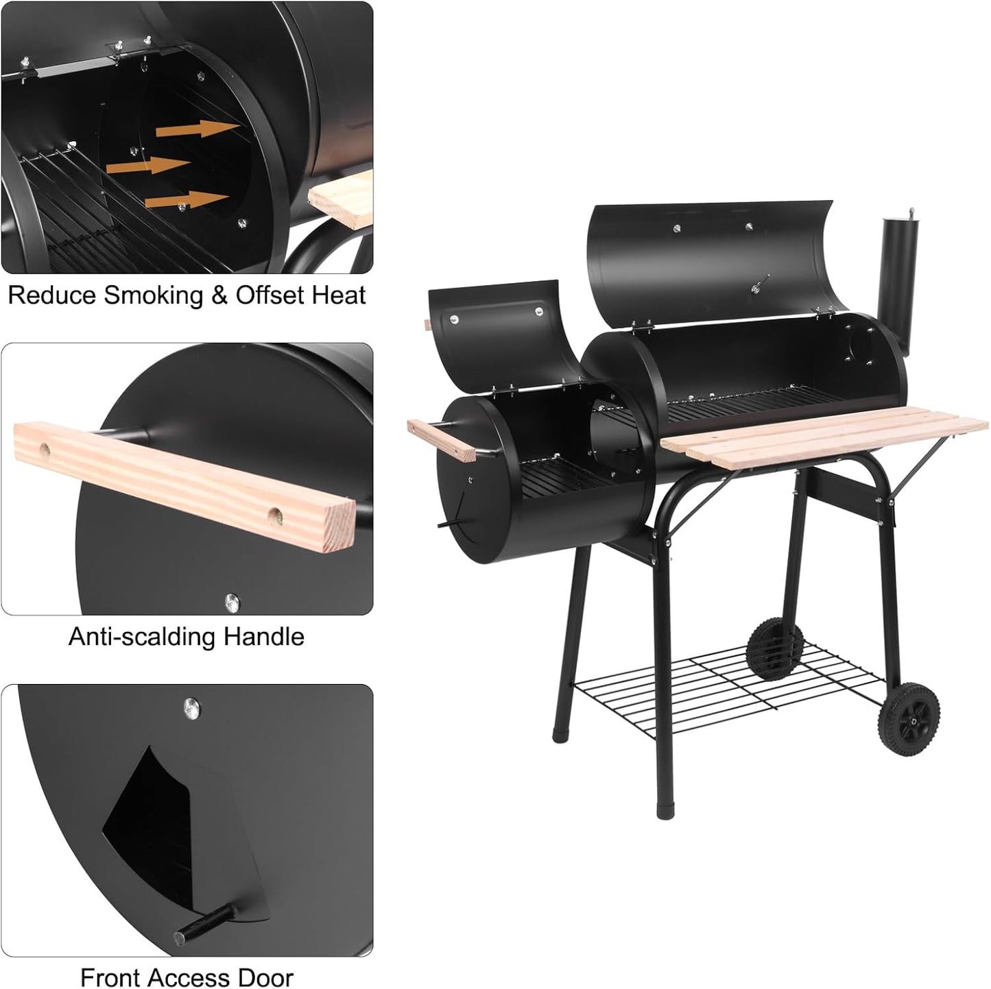 ROVSUN Charcoal Grill, Large Cooking Area of 433 Sq.In., Offset Smoker, Side Table, Great BBQ Grill for Indoor/Outdoor Picnic, Black