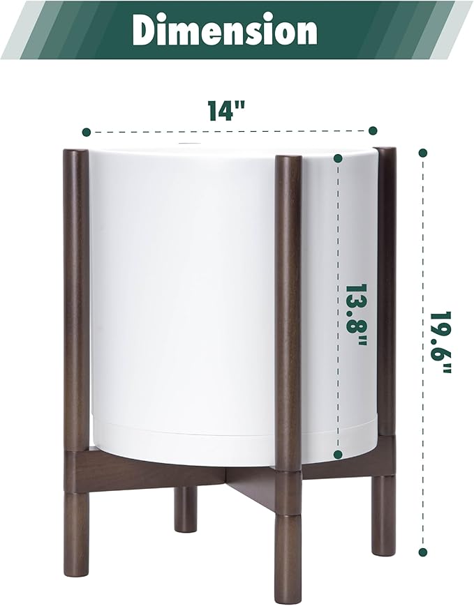 D'vine Dev Planter Pot with Stand - 14 Inch Plastic Cylinder Flower Pot with Wood Planter Holder for Indoor, Matte White Pot + Walnut Color Stand, 55-C-R-1