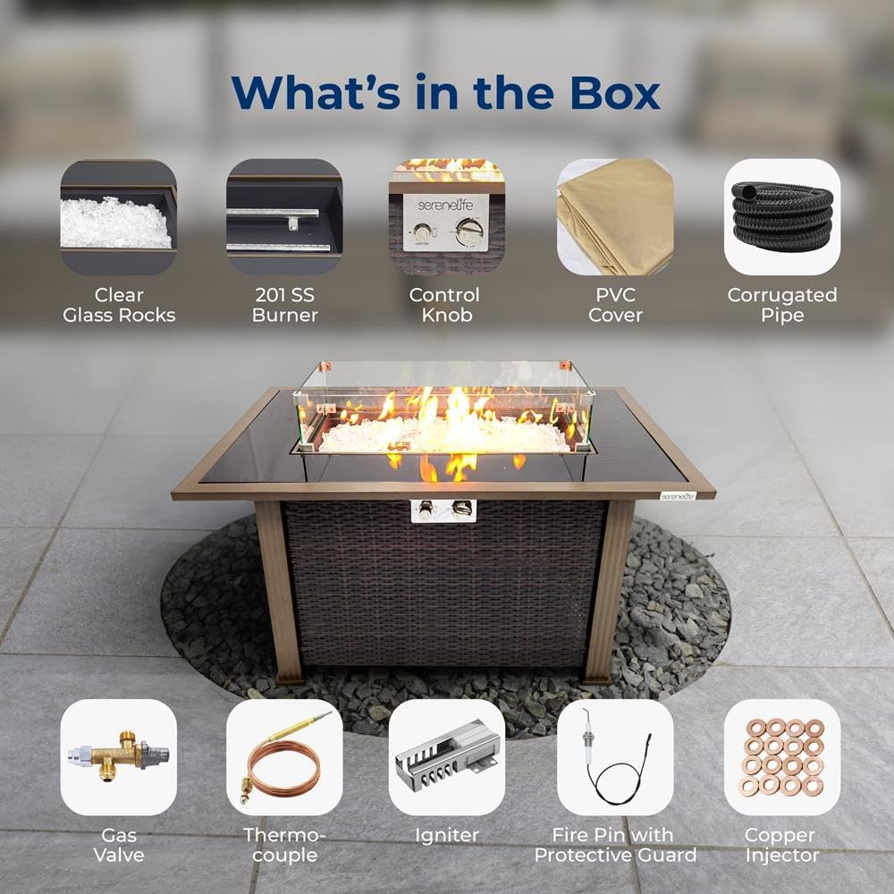 SereneLife 43.5-Inch Outdoor Propane Fire Pit Table – 50,000 BTU, Tempered Glass Wind Guard, Sliding Door, Auto-Ignition, Stainless Steel Burner, Waterproof Cover – Ideal for Patio, Garden & Backyard