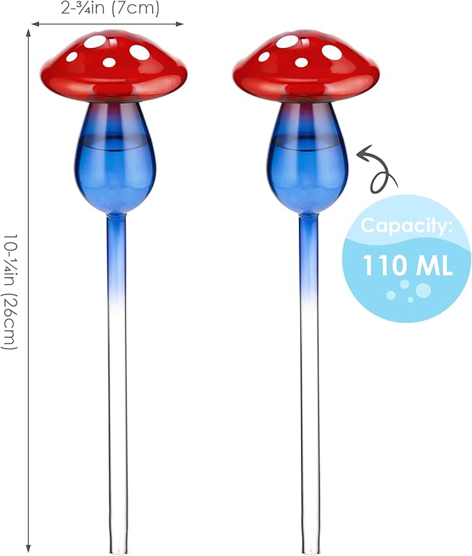 NiHome Mushroom Spike Self-Watering Bulb 2-Pack 10" Long Gradient Red Blue Hand-Blown Glass Globe Pot Plant Waterer for Home Indoor Outdoor Garden Patio Hanging Flower Automatic Irrigation System
