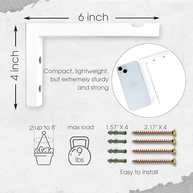 2-Piece Set of Plant Hooks for Wall 6 Inch - L-Shaped Mounted Wooden Plant Hook - Indoor and Outdoor Bracket Plant Hanger for Planters, Lanterns, Bird Feeders and Plant Basket (White)