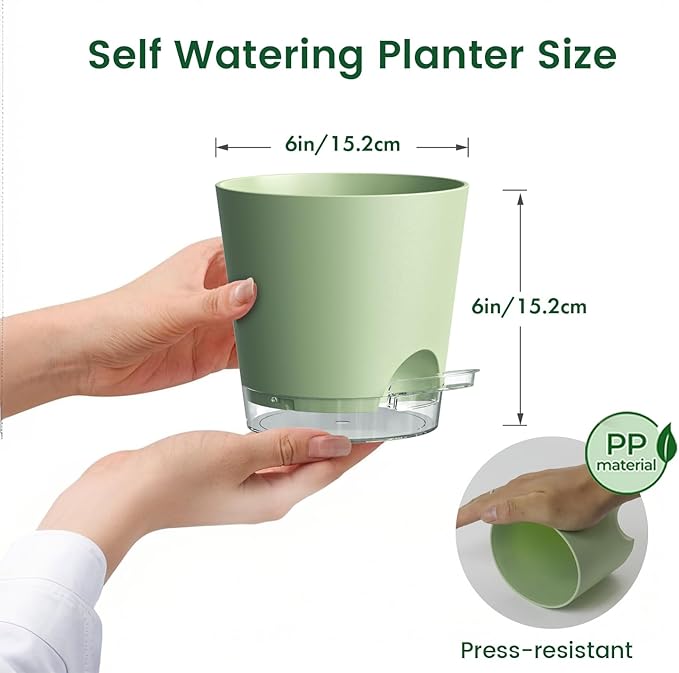 6 inch Self Watering Pots for Indoor Outdoor Plants, 6 Pack Flower Plant Pots with Drainage Holes and Clear Reservoirs, Visible Water Level, Plastic Planters with Wicking Rope, Green