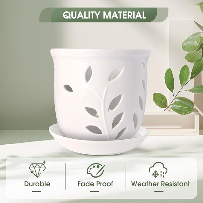 Orchid Pot with Holes & Saucers, 6.1 inch Ceramic Large Orchid Planter for Repotting, Flower Plant Pot with Drainage for Indoor Outdoor Home Decor, White