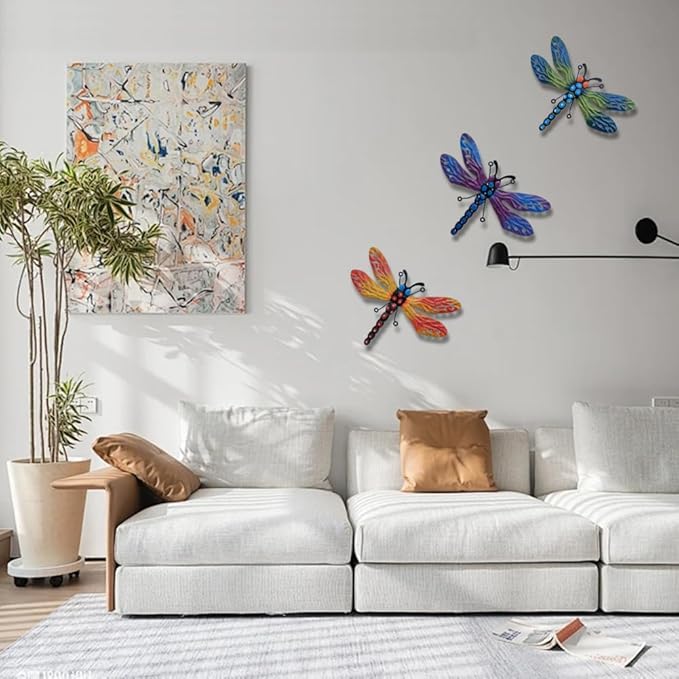 3 Pcs Metal Dragonfly Wall Decor, Colorful Metal Dragonfly Panel, Elegant Butterfly Wall Art - Home Office Garden Decor