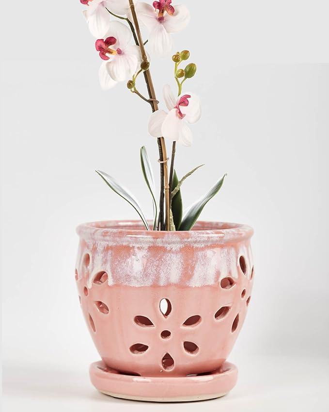 vensovo 5 Inch Ceramic Orchid Pots with Holes and Saucers - 1 Pcs Small Succulent Pot for Repotting, Garden Flowerpots for Plants Indoor and Outdoor Promotes Air Circulation, Pink