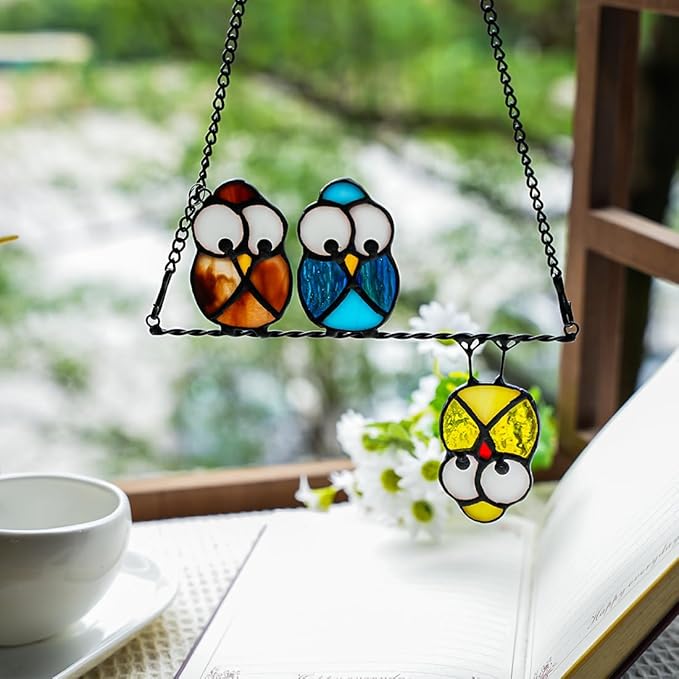 Owl Bird Gifts for Bird Lovers Stained Glass Suncatchers for Windows,Bird Decor Stained Glass Window Hangings,Owl Ornament Housewarming Gifts Owl Gifts for Women Owl Lover