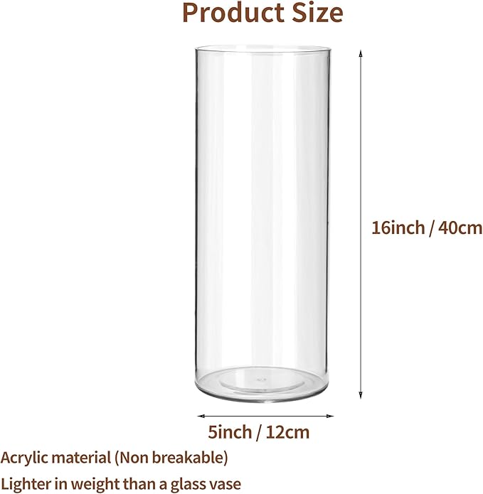 Clear Flower Vase, Non-breakable Vases, 5" W x 16" H, Acrylic Vase, Aesthetic Room Decor Cylindrical Modern Flower Vases for Table Centerpiece, Home Decor, Women Floral Arrangement Gift