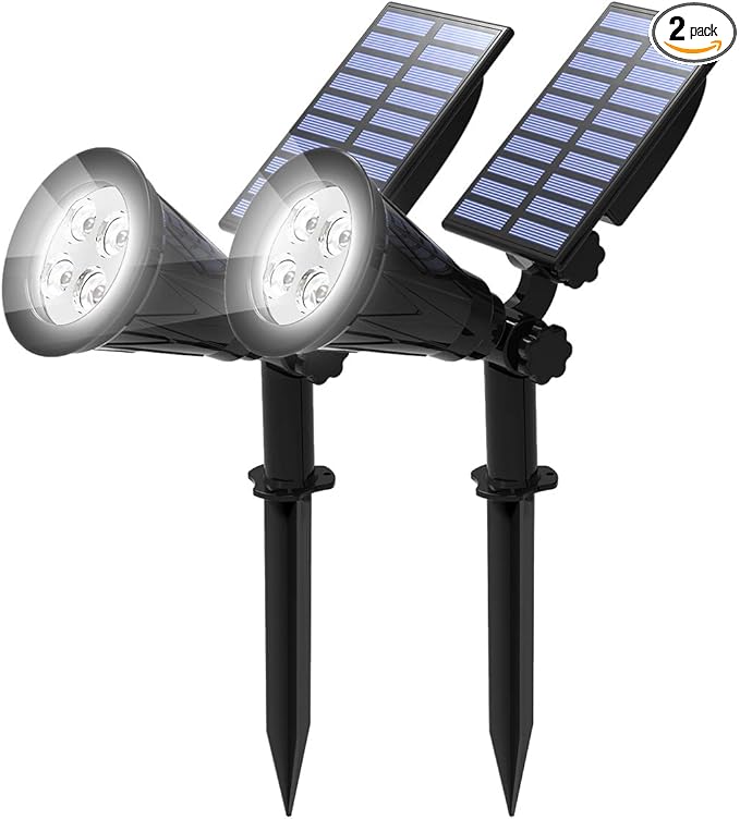 T-SUN Solar Spotlights, Waterproof Outdoor Solar Landscape Spot Lights Auto ON/Off Adjustable Solar Garden Lights LED Wall Lights for Patio, Driveway, Yard, Pool Area (White-2Pack)