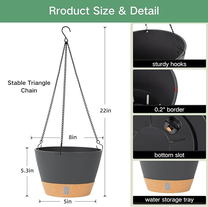 QCQHDU 2 Pack 8 inch Hanging Planters for Indoor Plants, Outdoor Hanging Baskets, Self Watering Pots with Drainage Holes & Removable Tray (Dark Grey, 8 inch)