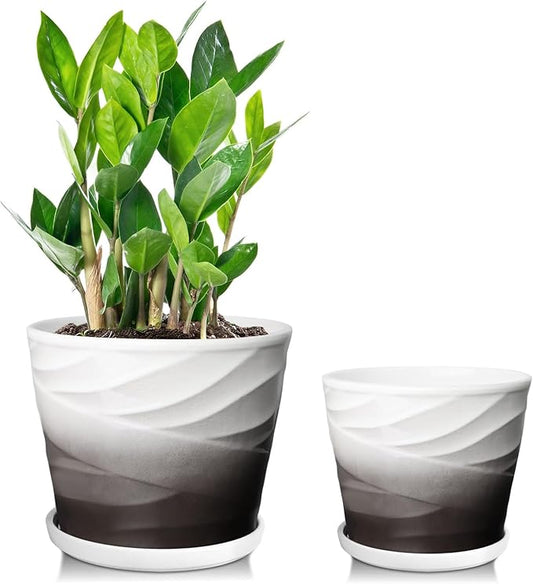 Ceramic Plant Pots,6.7 + 5.5 Inch,Set of 2,Planters with Drainage Hole and Saucer,Flower pots for Indoor Plants,Modern Design(Dark Gray+White)