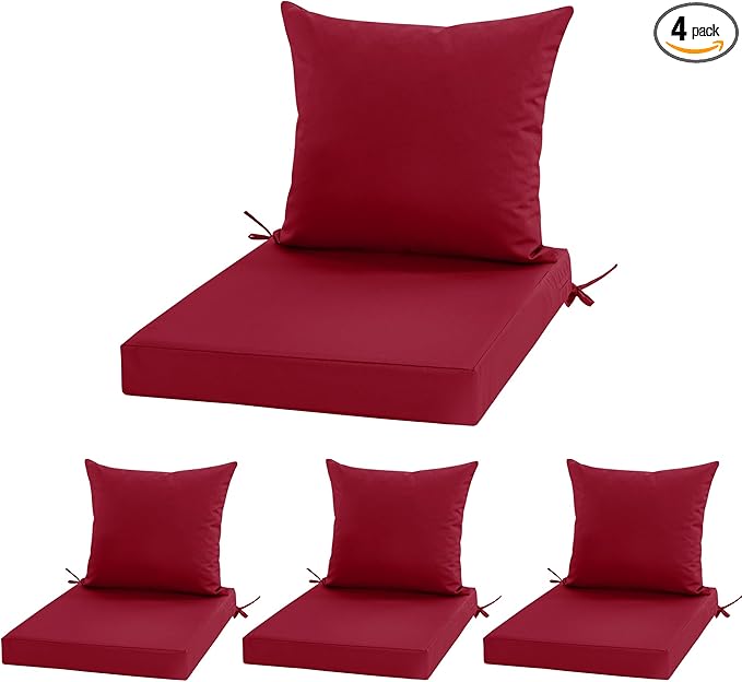 Outdoor Cushions for Patio Furniture, Waterproof Outdoor Chair Cushion w/Fade-Resistant, Removable & Machine-Washable Cover, 22x22 Inch, Deep Seat Sofa/Couch Pad Replacement – Set of 4, Burgundy
