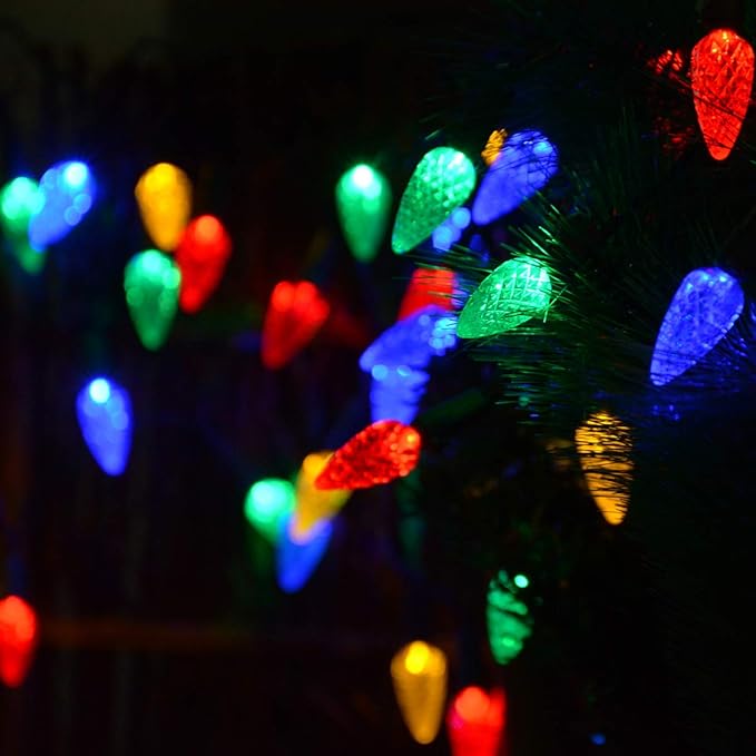 2 Pack Solar Christmas Lights Outdoor C6 Strawberry String Lights, LED Christmas Fairy Lights 50 LEDs Solar Operated Rechargeable Garden Lights for Christmas Tree, Holiday, Arbor Decor(Multicolor)