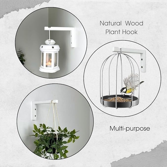 2-Piece Set of Plant Hooks for Wall 6 Inch - L-Shaped Mounted Wooden Plant Hook - Indoor and Outdoor Bracket Plant Hanger for Planters, Lanterns, Bird Feeders and Plant Basket (White)