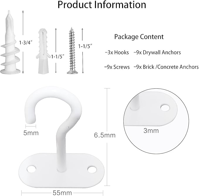 Ceiling Hooks for Hanging Plants-Metal Heavy Duty Wall Mounted Hangers for Hanging Bird Feeders, Planters, Wind Chimes, Include Professional Drywall Anchors (Pure White) 3 Pack