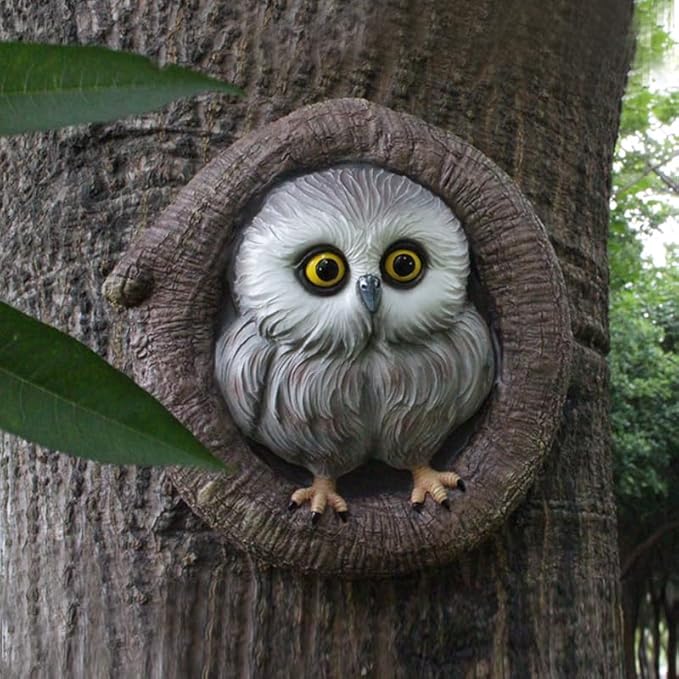 Baby Owl Resin Tree Face, Owlet Tree Hugger, Outdoor Sculpture for Tree Decorations, Whimsical Owl Garden Ornament, Tree Statue Peeker, Patio Yard Lawn Porch Decor, Durable & Waterproof Garden Present