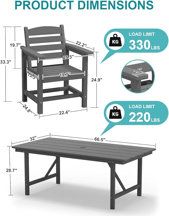 Patio Dining Set for 6 with Umbrella Hole - 66" Outdoor Table & 6 Chairs, All-Weather HDPE Outdoor Furniture for Lawn, Garden, Backyard, Poolside, Gray