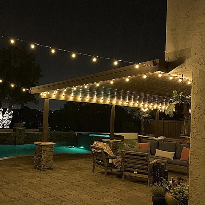 Novelty Lights 100 Feet G40 LED Patio String Lights with 67 Bulbs, Warm White, Weather Resistant and Shatterproof Replaceable Plastic Globe Bulbs, White Wire