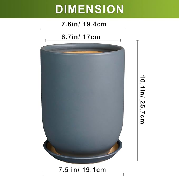 Ceramic Pot for Plants - 8 Inch Plant Pot for Indoor Plants Outdoor Ceramic Planter Large Flower Pot with Drainage Hole and Saucer for Home Garden Decor Gray