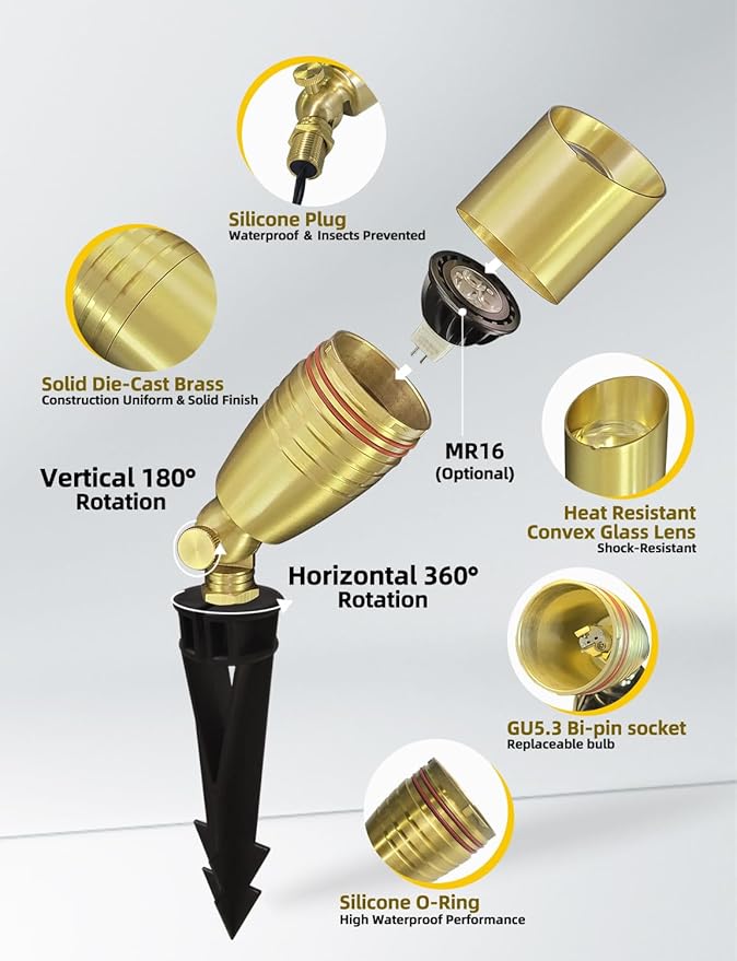 COLOER Die-cast Brass Landscape Spotlight 6-Pack with 5W Aluminum Housing LED MR16 Bulb,12V AC/DC Low Voltage Copper Outdoor Lighting, Directional Garden Patio Spot Up Light (102B Brass Finish)