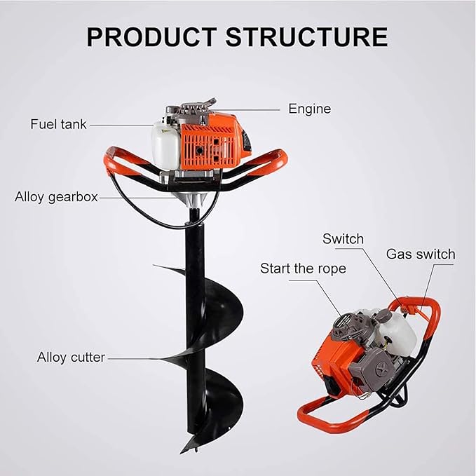 62cc 2.8HP Post Hole Digger Gas Powered, Gas Earth Auger/Ice Auger, with 2 Drill Bits 3"/6"/8" + 3 Extension Bar, One Man Earth Auger for Planting Fence, EPA Compliant Post Hole Auger