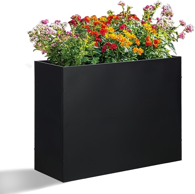 SUNNYPARK Large Metal Planter Box 32”x 12”x 24”, Rectangular Modern Black Metal Planter Box Heavy Duty with Drainage Holes for Outdoor Garden Patio