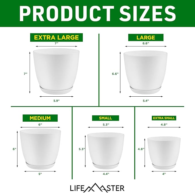 Eco Friendly Plant Pot Set -5-Pack Home Decor Flower Indoor and Outdoor Plastic Pots with Drainage Holes, Assorted Sizes (7", 6.6", 6", 5.3", 4.8") - Stackable Garden Versatile Planters