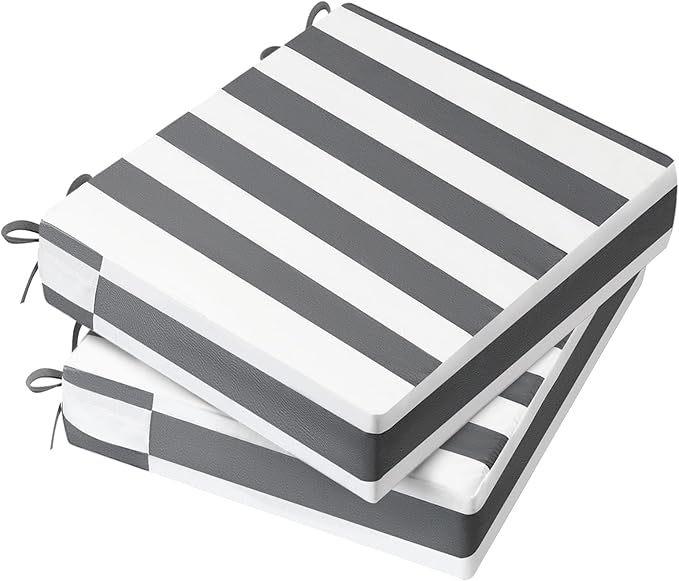 AAAAAcessories Outdoor Seat Cushions for Chairs, Waterproof, Fade-Resistant Patio Furniture Replacement Cushions, 20" x 18" x 3", Set of 2, Gray Cabana Stripe