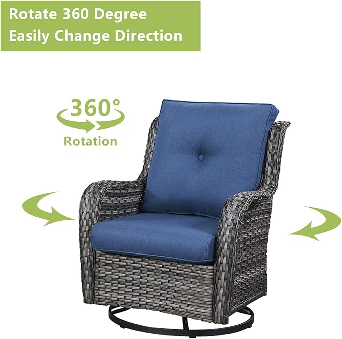 Outdoor Wicker Patio Furniture Set - 5 Pieces Rattan Patio Conversation Set with 2 Rocking Swivel Chairs,2 Ottomans and 1 Side Table for Porch Deck Backyard Garden(Mixed Grey/Blue)