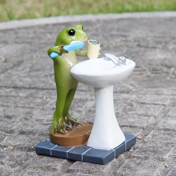 Tfro & Cile Frog Garden Statue Decor Miniature Animal Figurine Outdoor Fairy Brushing Teeth Sculpture for Bathroom - 3.3 Inch Height
