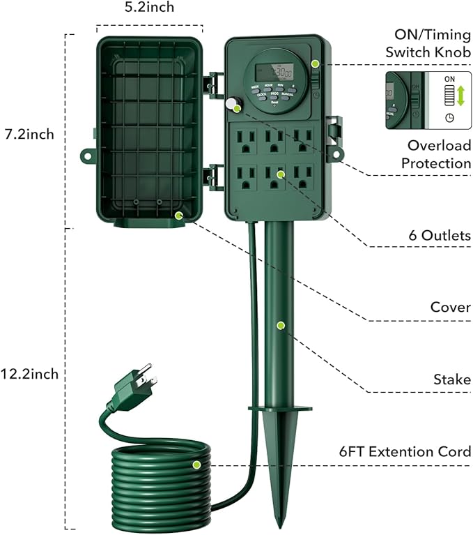 BN-LINK 7 Day Programmable Outdoor Power Stake Timer, 6 Outlets, 6FT Extension Cord Waterproof, Ideal for Outdoor Christmas Decorations & Garden, ETL Listed