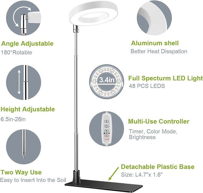 Grow Lights for Indoor Plants, Full Spectrum Halo Growing lamp with Detachable Base, Height Adjustable, 3 Colors, 10 Dimming, Automatic Timer, Plant Light for Small Plants Growing, 2 Pack