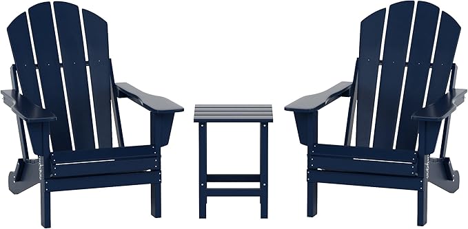 WO Home Furniture Adirondack Chairs Table Set of 3 PCS Outdoor Folding Chairs Side End Table Weather/UV Resistant for Lawn, Garden, Bon Fire, Balcony (Navy Blue)