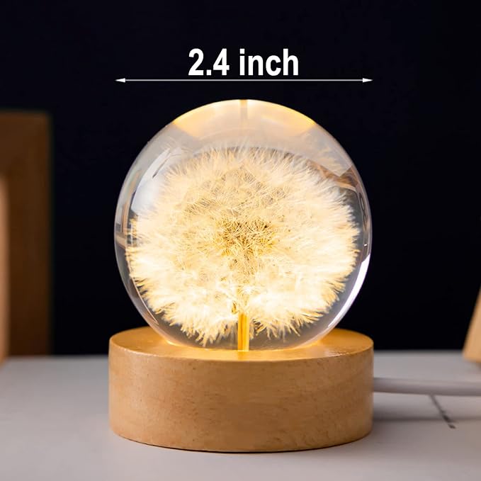 Flower Crystal Ball Night Light, 2.4 inch Glass Ball Night Lamp with Woodern Base (Yellow Daisy)