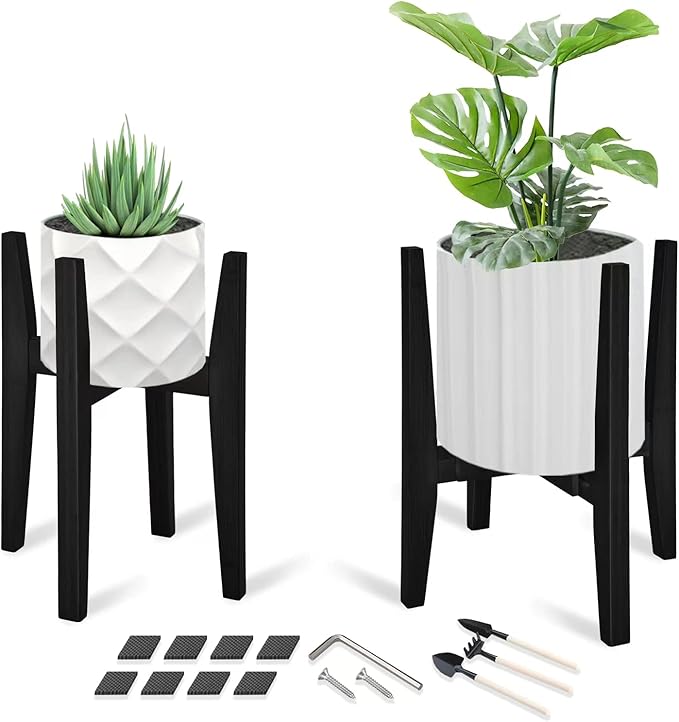 OERGKE 2 Pack Plant Stand Indoor, Adjustable Bamboo Mid Century Modern Plants Stands, Corner Flower Holder for Living Room, Fits 8 to 12 Inches Pots, (Pot & Plant Not Included)(Black)