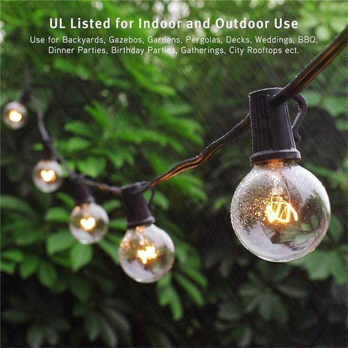 G40 Outdoor Globe String Lights, 25Ft Hanging Patio Lights with 27 Incandescent Bulbs (2 Spare), Connectable Backyard Lights UL Listed for Indoor Outdoor Bistro Wedding Decor, E12 Base, 5W-Black Wire