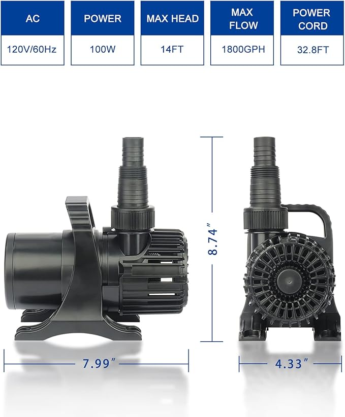 Outdoor 1800Gph-100W 32.8FT Small-Pond Water-fall & Kio Fish Fountain-s &Garden Pump Submersible IPX8: Long 32.8FT Cord Smart-er & Quieter Duck & Yard &Patio Ponds Pumps, 1 Barrier Pump Bag