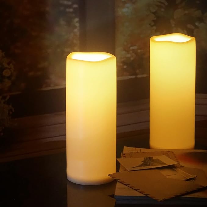 CANDLE CHOICE Waterproof Outdoor Battery Operated Flameless Candles with Remote Timer Large Tall White Plastic Bright Flickering Electric LED Pillars Lantern Patio Garden Decoration 4x10 Inches 2 Pack