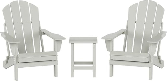 WO Home Furniture Adirondack Chairs Table Set of 3 PCS Outdoor Folding Chairs Side End Table Weather/UV Resistant for Lawn, Garden, Bon Fire, Balcony (Sand)