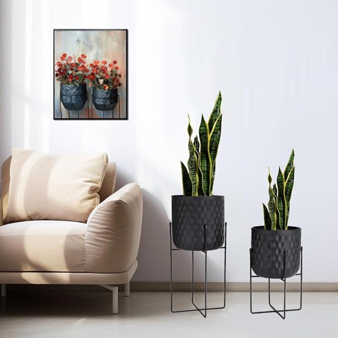 TRIROCKS Set of 2 Planters with Stand Indoor Outdoor Metal Plant Stand 8 * 18 &7 * 12 "Modern Planters Flower Pots for Living Room Corner Kitchen Office Garden Balcony Patio Decor(Black)