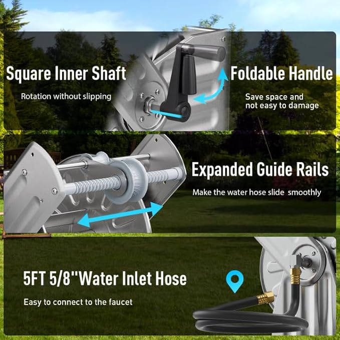 GREENER Stainless Steel Hose Reel for Outside,Wall Mount Garden Hose Holder Heavy Duty Metal Reel, 3/4" Solid Connector with 5/8" Inlet Hose and Crank,65-Feet 5/8" Hose Capacity