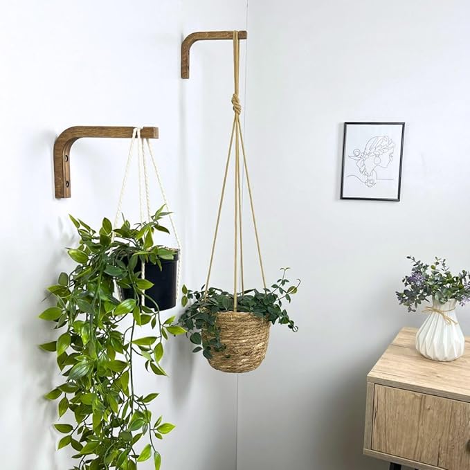 2-Piece Set of Plant Hooks for Wall 6 Inch - Mounted Wooden Plant Hook - Indoor and Outdoor Bracket Plant Hanger for Planters, Lanterns, Bird Feeders, Patio Decorations (Walnut)