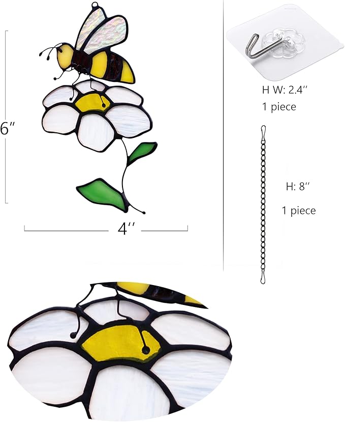 Bee Suncatcher Flower Stained Glass Window Hangings, Bee Decor Party Birthday Bee Gifts for Women,Bee Lovers, Housewarming Gifts.