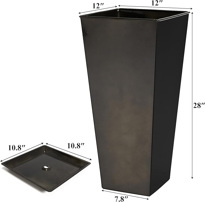 WORTH Garden 28" Large Metal Glazed Planter Set of 2, Luxurious Glossy Finish Black Tall Square Tapered Steel Plant Pots, Decor Flower Pot Indoor & Outdoor, Drainage Hole & Dual-Purpose Plant Saucer