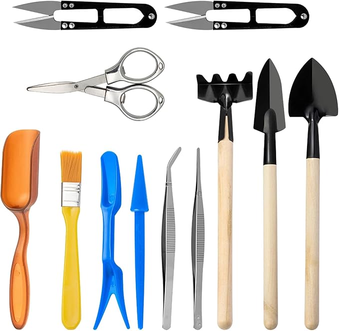Andiker Mini Garden Tool Set, 12pcs Portable Gardening Hand Tools Set, Multiple Miniature Succulent Tools Set Easy to Carry for Seedlings, Bonsai, Succulents, Terrariums and Planting