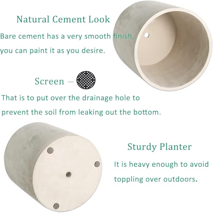 Plant Pots - 8.6 inch Cement Planters Indoor - Modern Grey Flower Pot with Drainage Hole - Home Office Decor