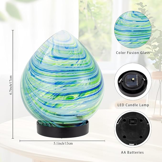 Table Solar Lanterns Outdoor Waterproof LED 6.7" Glass Desktop Decorative Lanterns Solar Globe Lights for Patio Balcony Pathway Porch Gardening Gifts for Women(Green)
